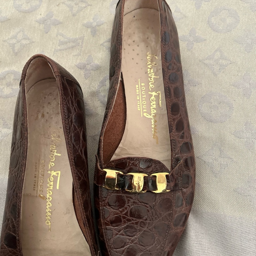 Salvatore Ferragamo Croc-Embossed Brown Loafers with Gold Accent